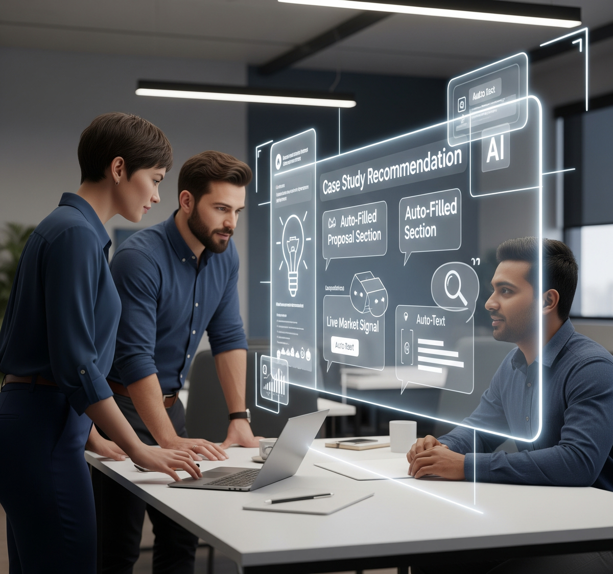 An image of three business professionals (two men and one woman) collaborating around a desk, looking at a large, glowing holographic interface.
