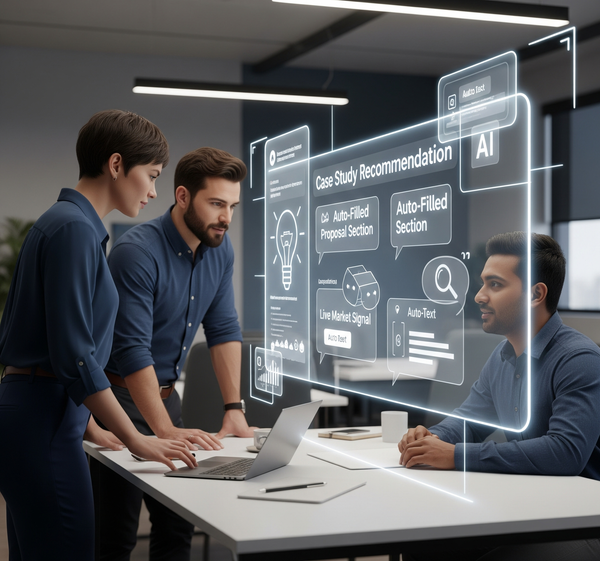 An image of three business professionals (two men and one woman) collaborating around a desk, looking at a large, glowing holographic interface.