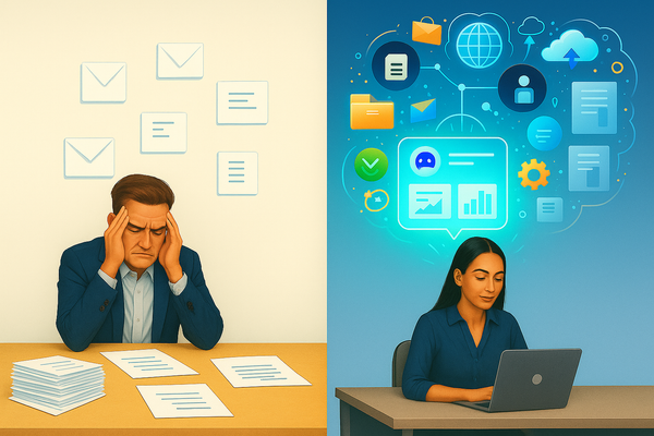 Side-by-side illustration of an analyst in a consulting firm—on the left, overwhelmed with paperwork; on the right, calmly using an AI assistant.
